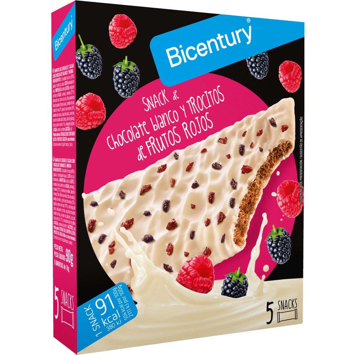 snack de chocolate blanco y trocitos de frutos rojos 5 unidades estuche 90 g