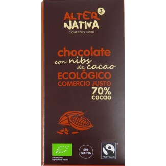 Alternativa 3 Chocolate com Nibs 70% Cacau sem Glúten Biológico embalagem 80 g