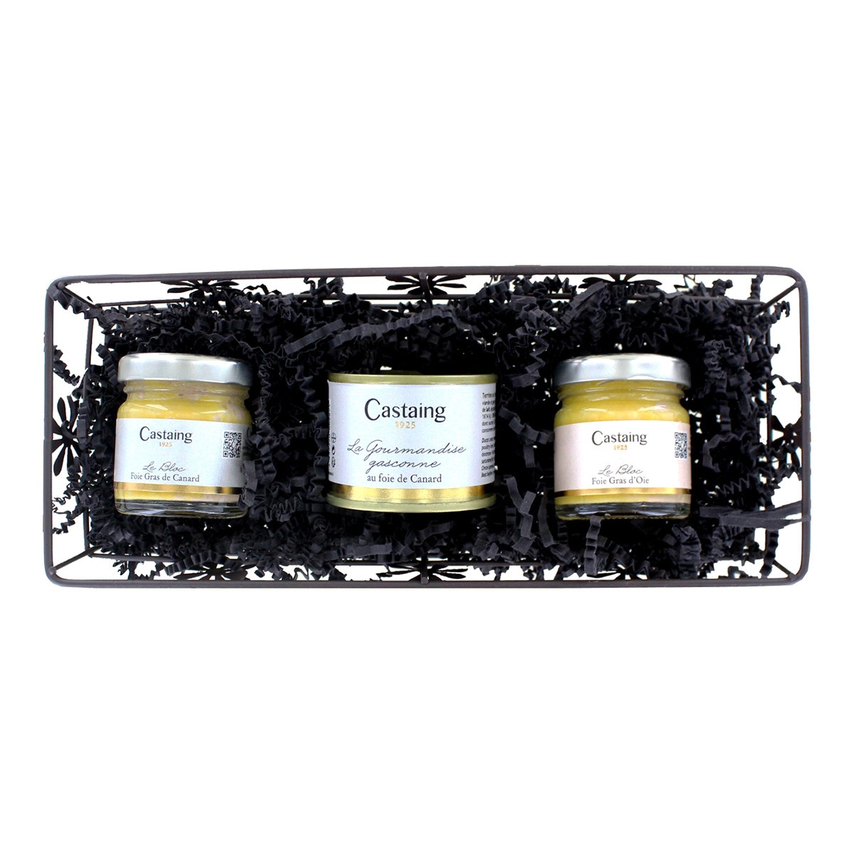 Corbeille avec assortiment de 3 blocs de foie d'oie et canard Castaing