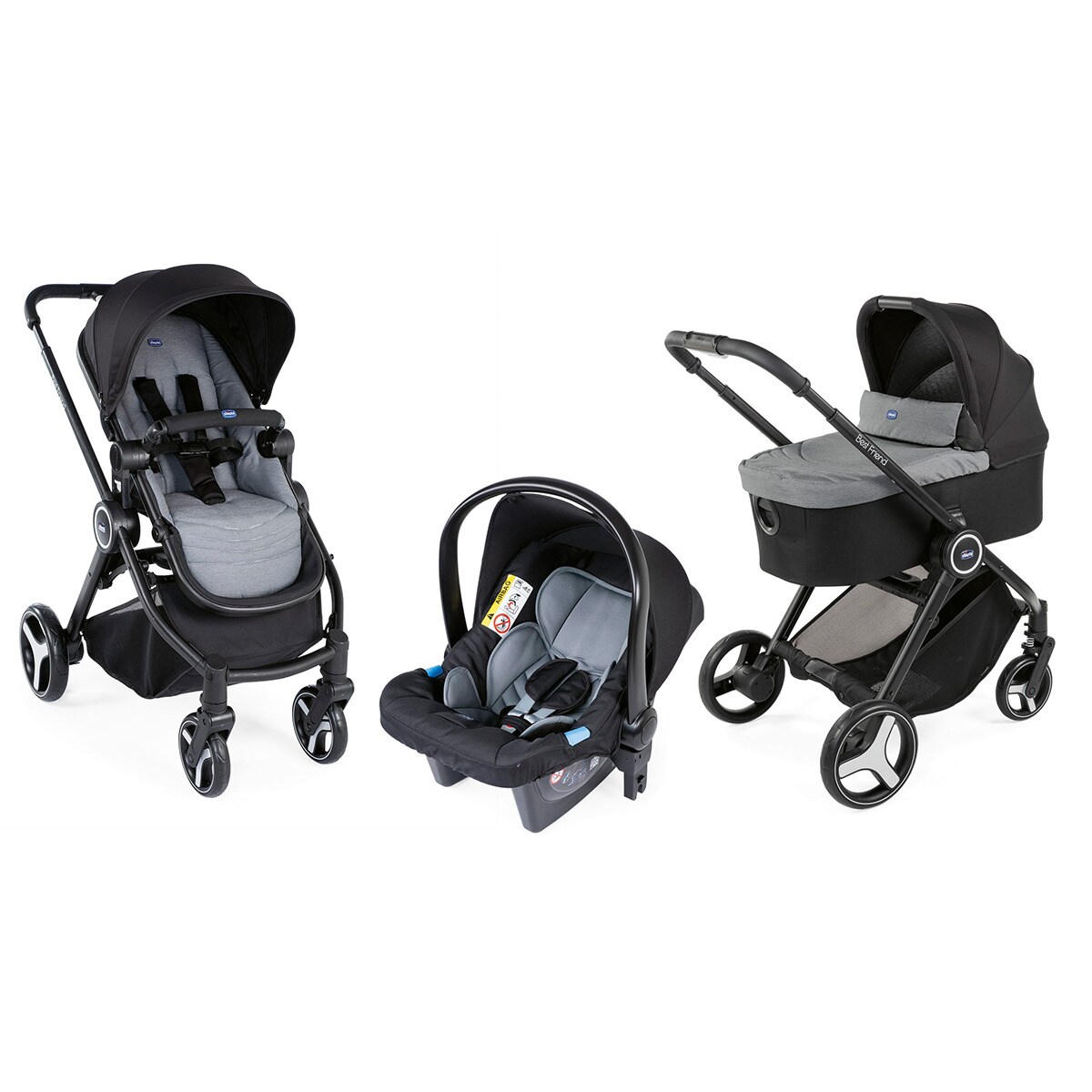 Coche de paseo trío Chicco Best Friend+ Stone negrogris Capotas y Colchas de Capazo Compatibles Chicco Trio Living