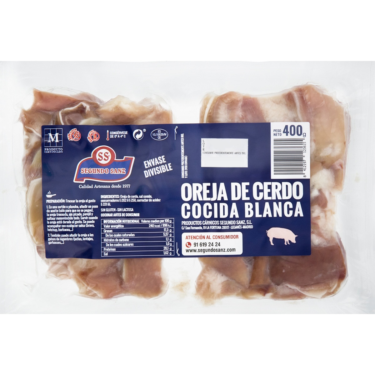 oreja de cerdo cocida blanca sin gluten y sin lactosa bipack bandeja 400 g
