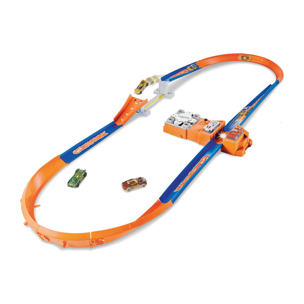 Hot Wheels pista de rally motorizada retro con 5 coches de juguete