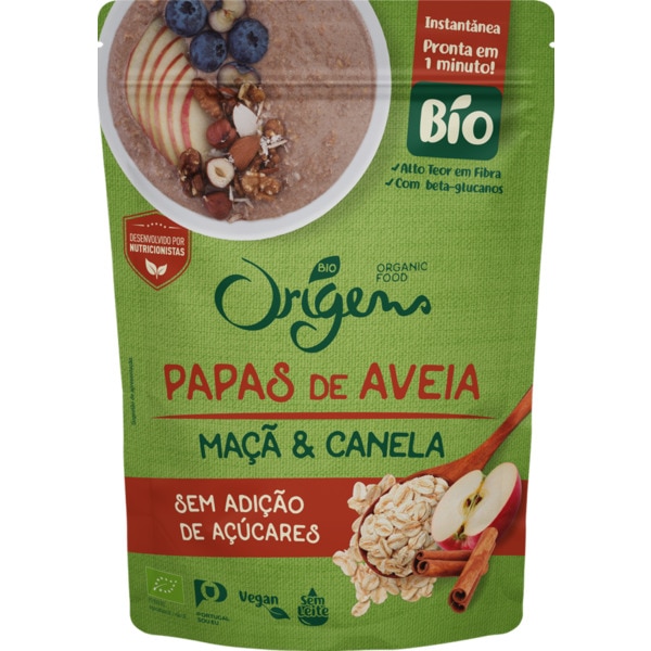 Papas de Aveia Instantânea com Canela e Pedaços de Maçã Biológica embalagem 300 g