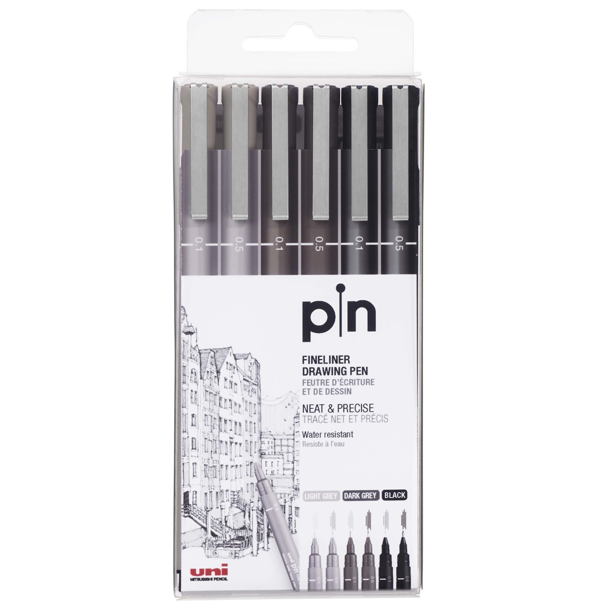 Imagen 0 de Estuche 6 Piezas Rotulador Calibrado Uni Pin  Negro y Gris