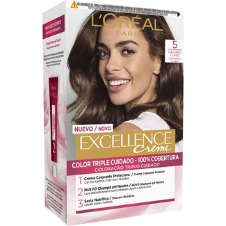 Creme tinte permanente Castaño Claro nº 5 color triple cuidado caja 1 unidad con Pro-keratina + Ceramida + Ionene G - Excellence