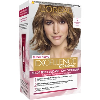 Creme tinte permanente Rubio nº 7 color triple cuidado caja 1 unidad con Pro-keratina + Ceramida + Ionene G - Excellence