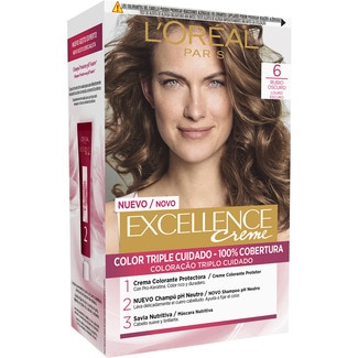 Creme tinte permanente Rubio Oscuro nº 6 color triple cuidado caja 1 unidad con Pro-keratina + Ceramida + Ionene G - Excellence