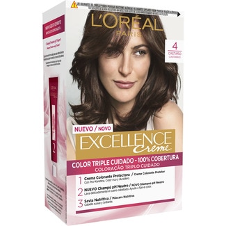 Creme tinte permanente Castaño nº 4 color triple cuidado caja 1 unidad con Pro-keratina + Ceramida + Ionene G - Excellence