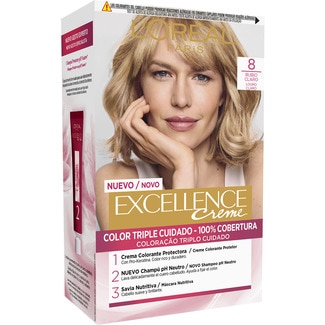 Creme tinte permanente Rubio Claro nº 8 color triple cuidado caja 1 unidad con Pro-keratina + Ceramida + Ionene G - Excellence