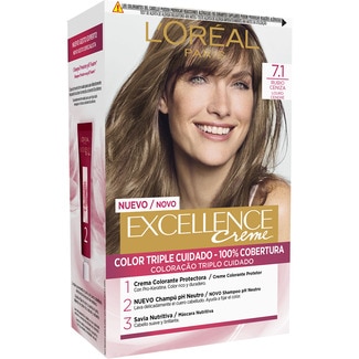 Creme tinte permanente Rubio Ceniza nº 7.1 color triple cuidado caja 1 unidad con Pro-keratina + Ceramida + Ionene G - Excellence