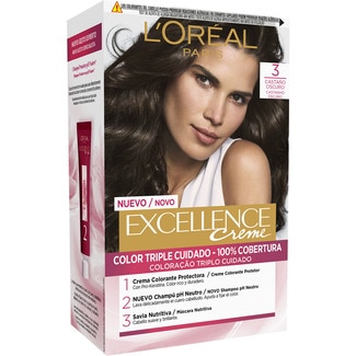 Creme tinte permanente Castaño Oscuro nº 3 color triple cuidado caja 1 unidad con Pro-keratina + Ceramida + Ionene G - Excellence