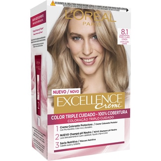 Creme tinte permanente Rubio Claro Ceniza nº 8.1 color triple cuidado caja 1 unidad con Pro-keratina + Ceramida + Ionene G - Excellence
