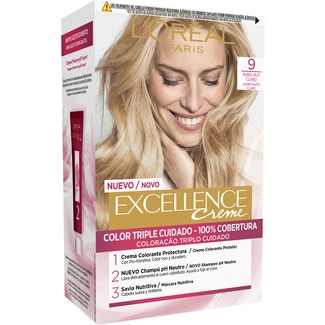 Creme tinte permanente Rubio Muy Claro nº 9 color triple cuidado caja 1 unidad con Pro-keratina + Ceramida + Ionene G - Excellence