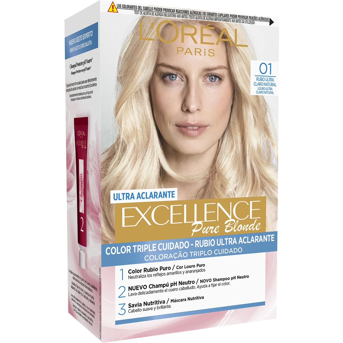 Pure Blonde tinte permanente Rubio Ultra Claro Natural nº 01 color triple cuidado caja 1 unidad con Pro-keratina + Ceramida + Ionene G