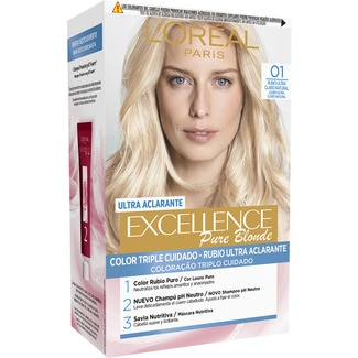 Pure Blonde tinte permanente Rubio Ultra Claro Natural nº 01 color triple cuidado caja 1 unidad con Pro-keratina + Ceramida + Ionene G - Excellence
