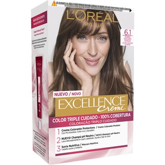 Creme tinte permanente Rubio Oscuro Ceniza nº 6.1 color triple cuidado caja 1 unidad con Pro-keratina + Ceramida + Ionene G - Excellence