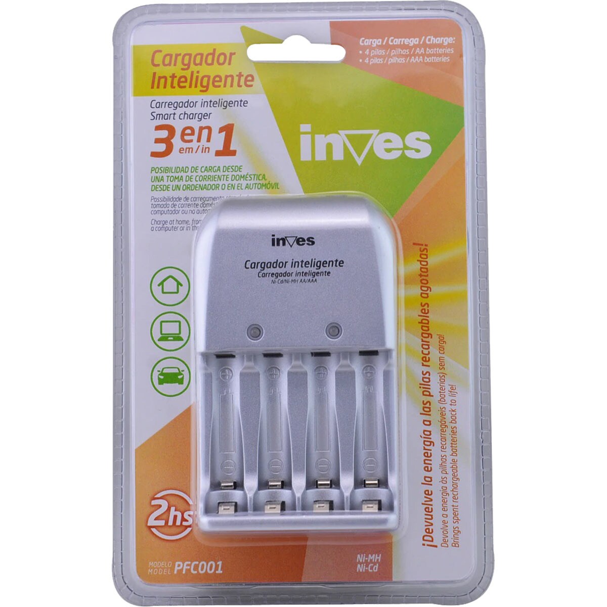 cargador de pilas inteligente 3 en 1 para 4 pilas AA y 4 pilas AAA blister