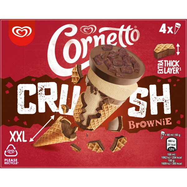 Cornetto Gelado Crush Brownie Pack 4 embalagem 90 ml