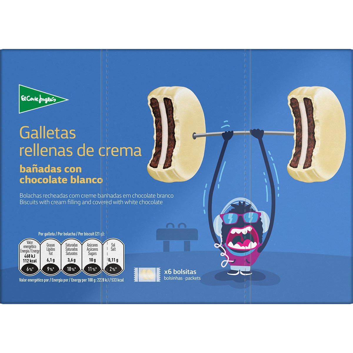 galletas rellenas de crema bañadas en chocolate blanco 6 bolsitas de 2 unidades estuche 252 g