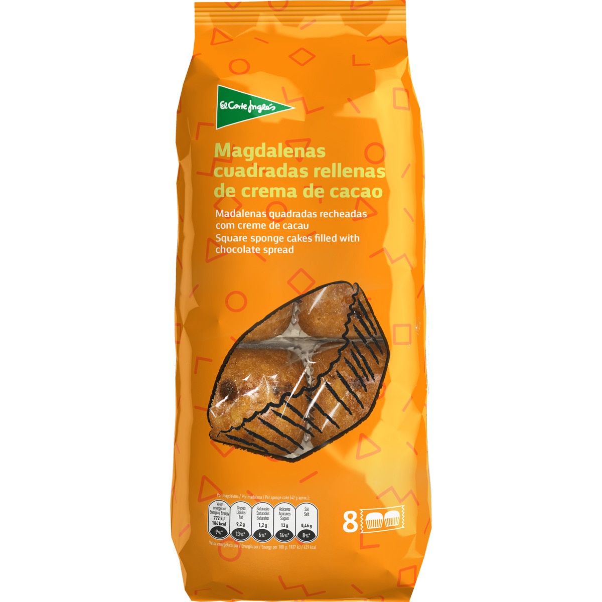 magdalenas cuadradas rellenas de crema de cacao 8 unidades envasadas en pack de 2 envase 336 g