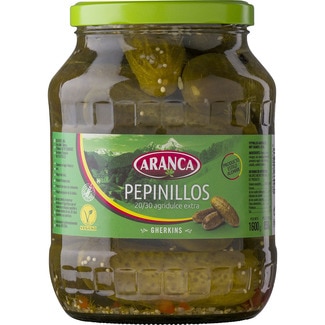 pepinillos especiales Gurkentopf frasco 850 g neto escurrido - Aranca