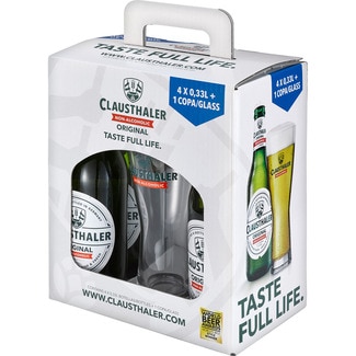 cerveza rubia SIN ALCOHOL pack 4 botellas 33 cl + Copa - Clausthaler
