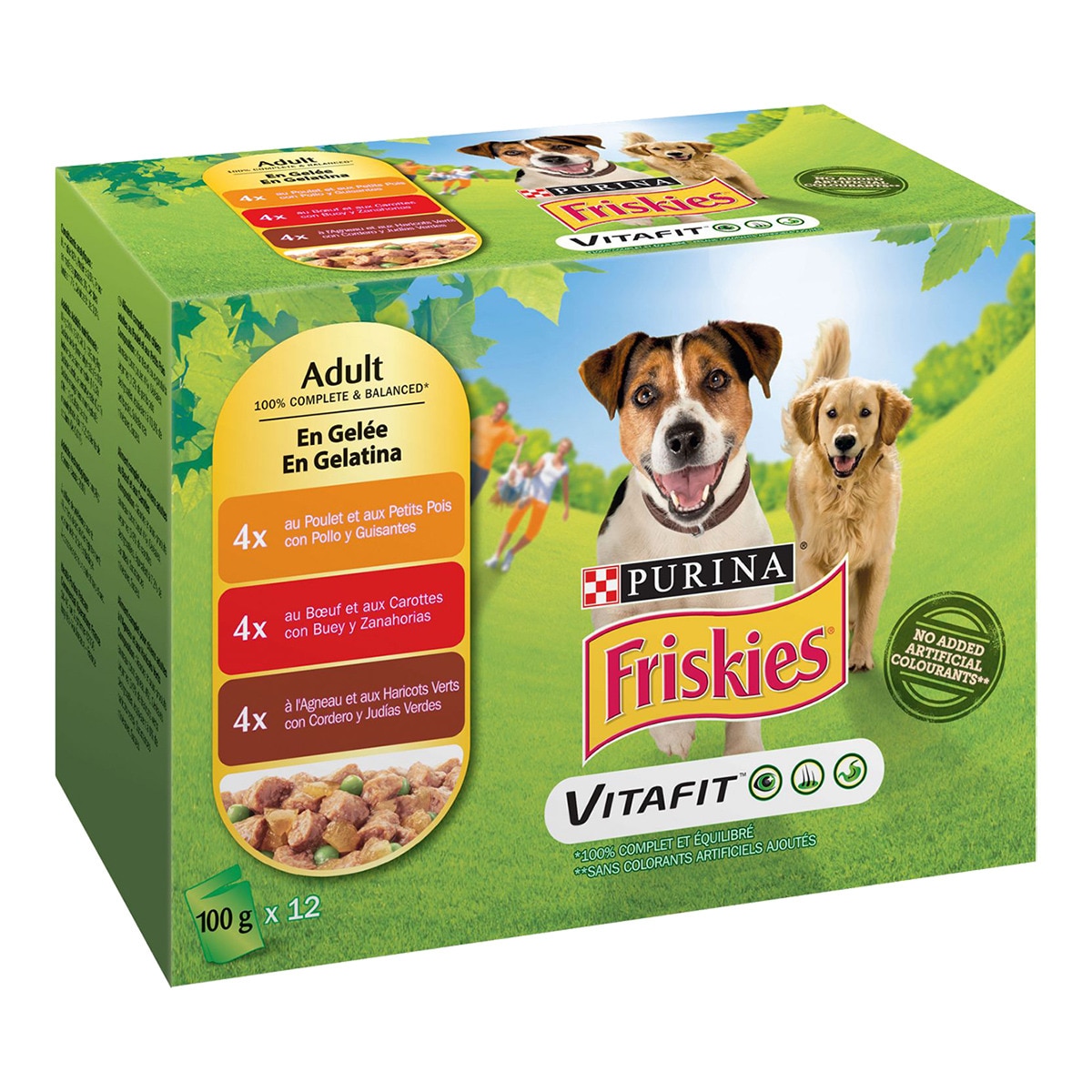 Purina Friskies - Comida Húmeda Para Perros Adultos Vitafit Pack Pollo, Cordero Y Buey En Gelatina 12 X 100 G