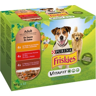 Vitafit comida húmeda en salsa para perros con pollo y zanahorias 4 bolsas 100 g con buey patatas 4 bolsas 100 g con cordero y zanahorias 4 bolsas 100 g - Friskies