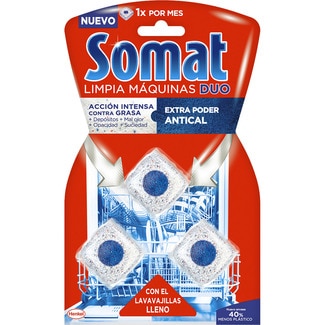 limpia máquinas Duo de lavavajillas en pastillas contra la grasa y la cal envase 3 unidades con el lavavajillas lleno - Somat