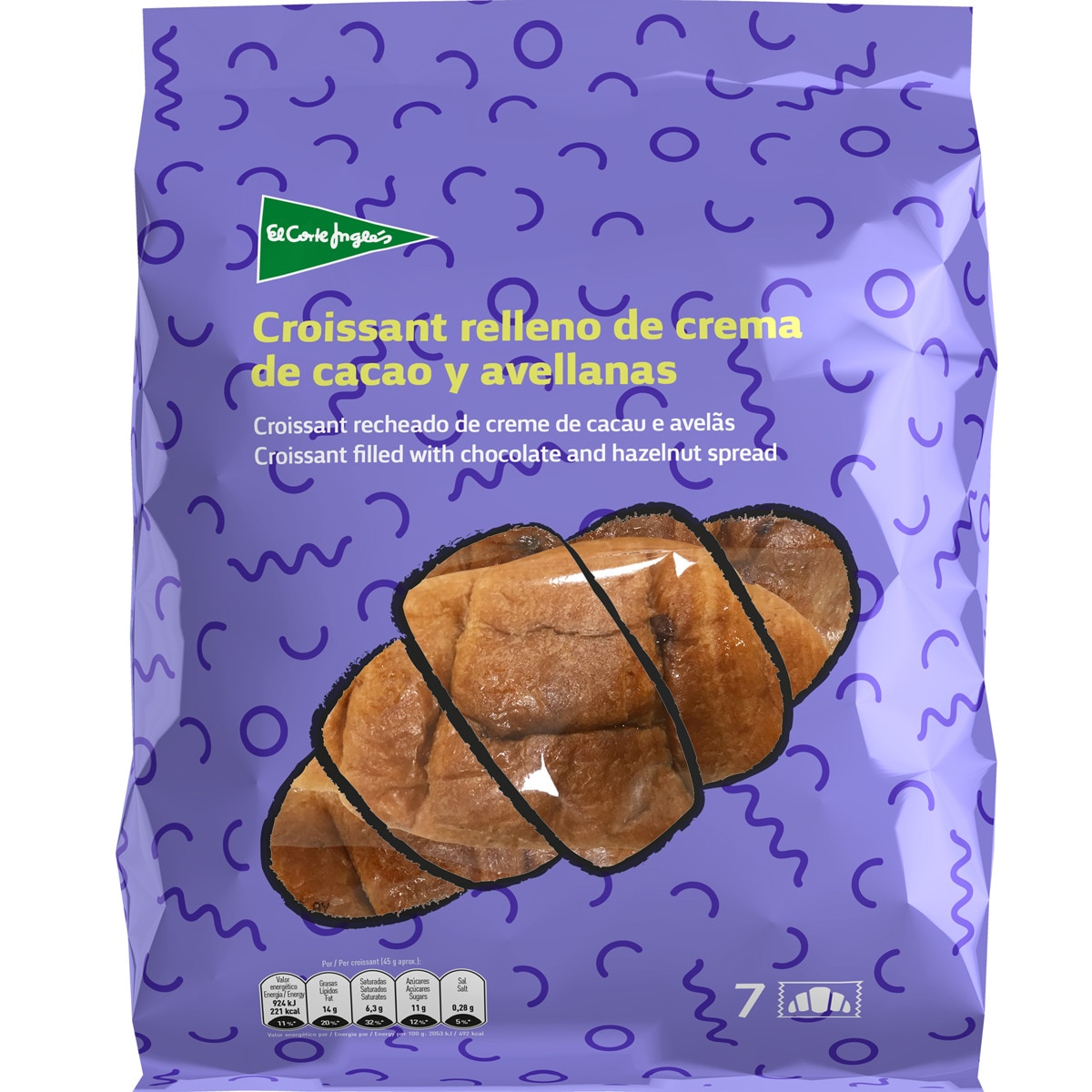 croissants rellenos de crema de cacao y avellanas 7 unidades envasadas individualmente bolsa 315 g