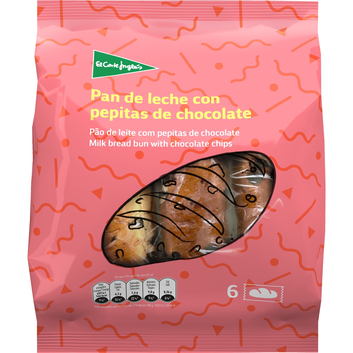 pan de leche con pepitas de chocolate 6 unidades envasadas individualmente bolsa 240 g