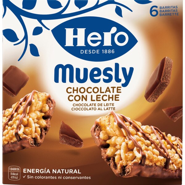 Hero Muesly Barras de Cereais com Chocolate Pack 6 embalagem 150 g