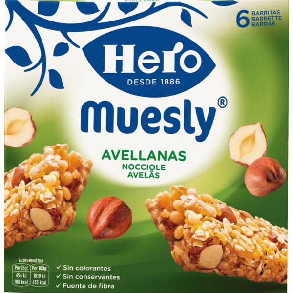 Hero Muesly Barras de Cereais com Avelã Pack 6 embalagem 25 g