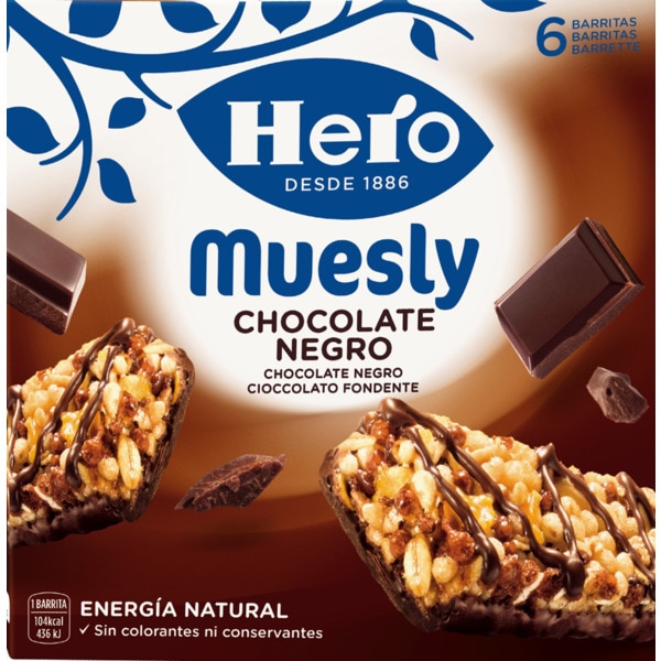 Hero Muesly Barras de Cereais com Chocolate Preto Pack 6 embalagem 150 g