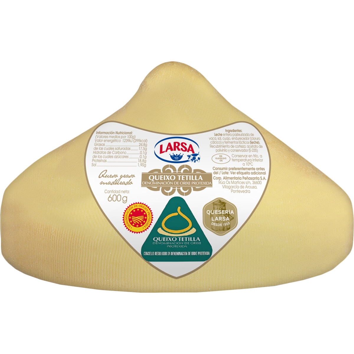 queso gallego de vaca elaborado con leche pasteurizada DOP Queso Tetilla pieza 600 g