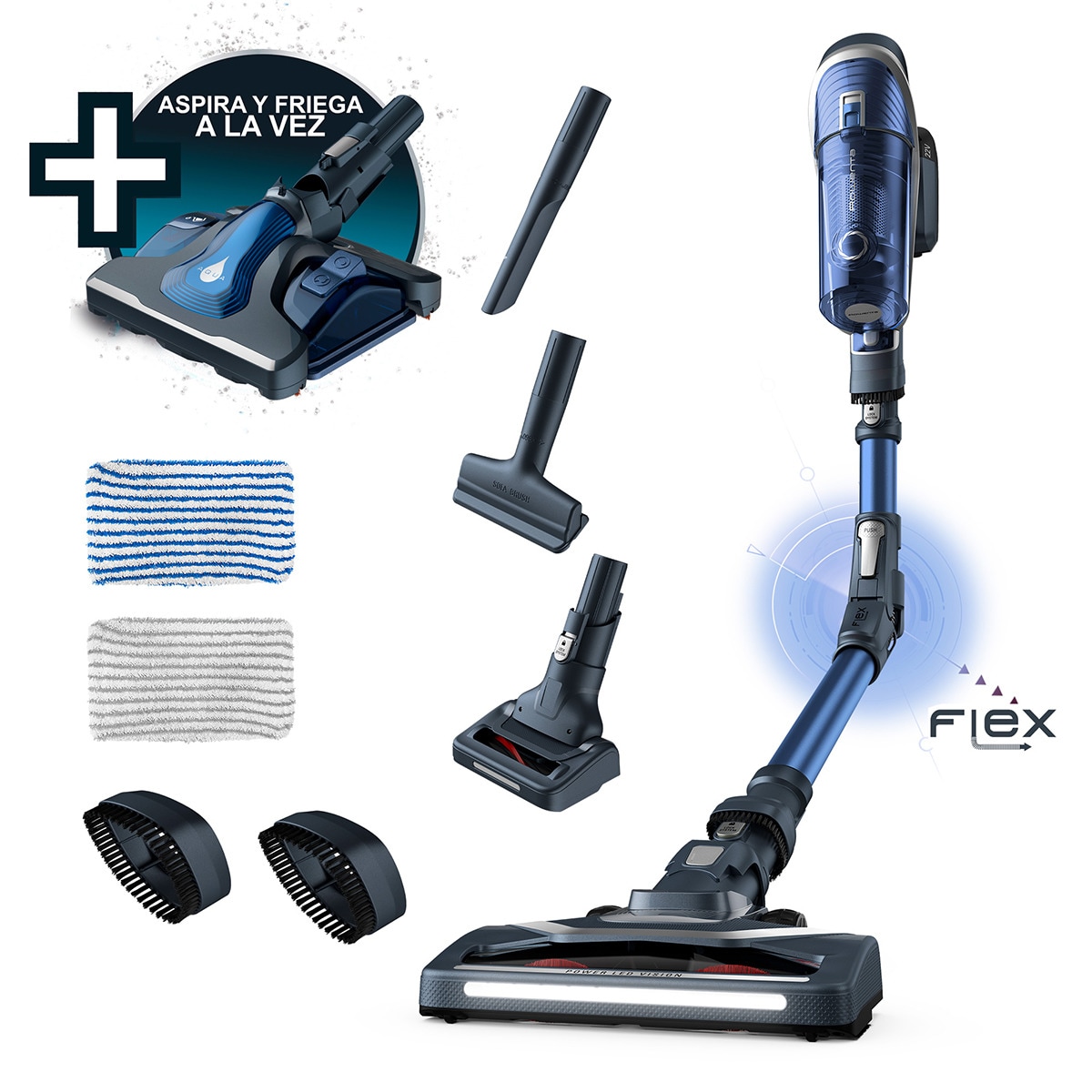 Aspirador de escoba recargable Rowenta RH9695 Xforce Flex 8.50 escoba sin  cable flexible con doble función: aspira y friega · El Corte Inglés