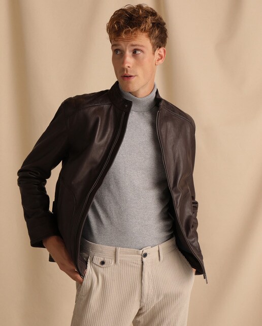 Cazadora de piel biker de hombre marrón con dos bolsillos · Studio Classics  · El Corte Inglés