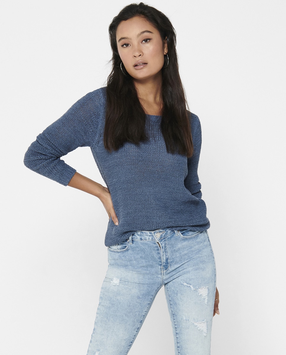 Camisola de malha de mulher com manga comprida e decote redondo Azul-1