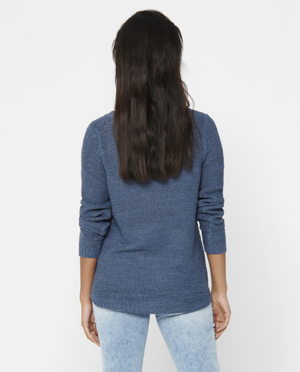 Camisola de malha de mulher com manga comprida e decote redondo Azul-2