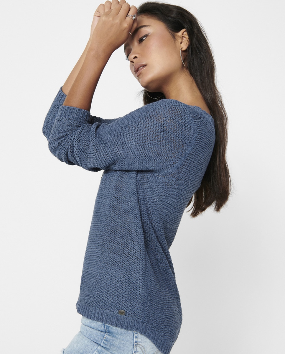 Camisola de malha de mulher com manga comprida e decote redondo Azul-3