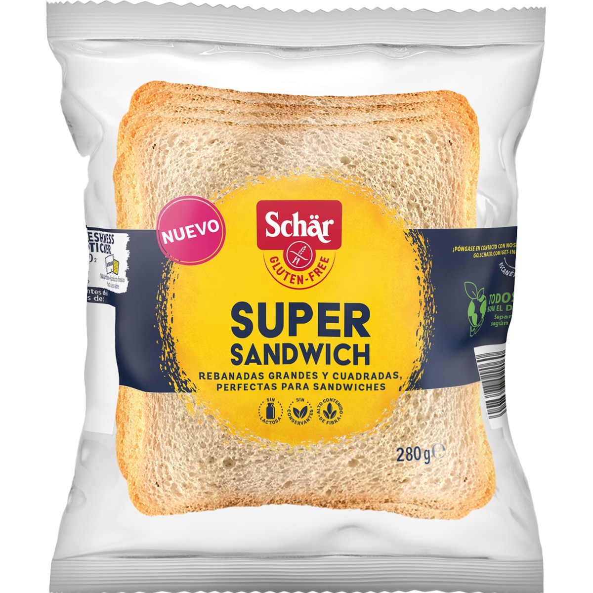 Super Sandwich rebanadas de pan de molde grandes y cuadradas sin gluten y sin lactosa paquete 280 g