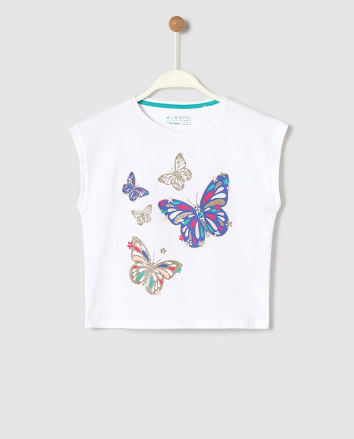 Camiseta de niña blanca mariposas purpur