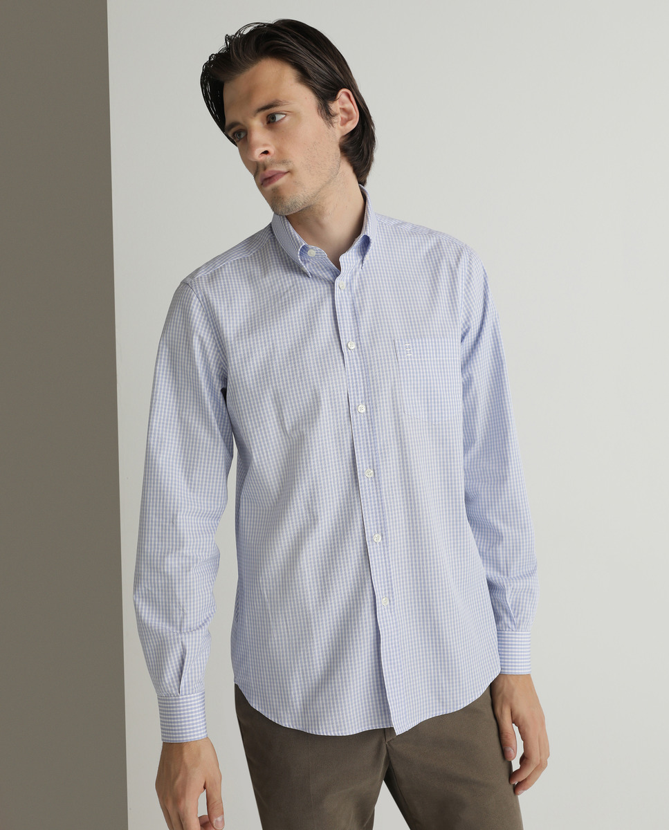 Camisa de homem regular aos quadrados azul Azul-claro-3