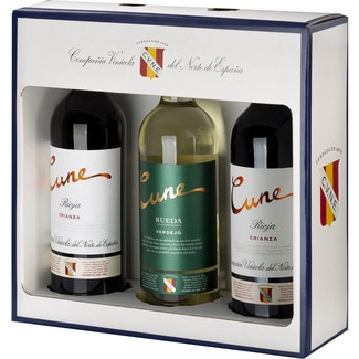 vino tinto crianza DOCa Rioja Estuche 2 botellas 75 cl + regalo de vino blanco verdejo DO Rueda botella de 75 cl - Cune