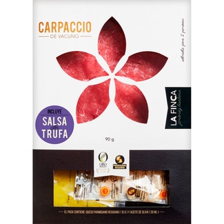 carpaccio de vacuno marinado con salsa de trufa sin gluten bandeja 90 g + queso parmigiano reggiano 15 g + Aceite de Oliva Virgen Extra 20 ml - La Finca
