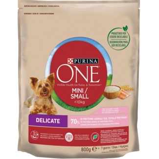 Ração para Cão Adulto Pequeno com Salmão e Arroz Delicate embalagem 800 g - Purina One Mini