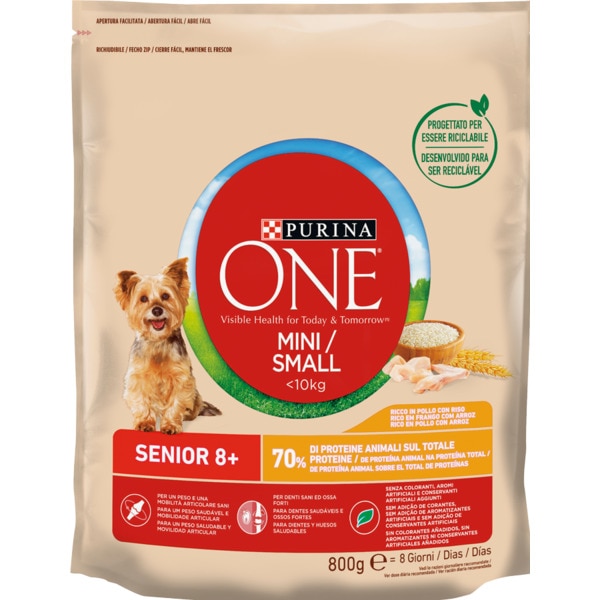 Ração para Cão Mini Menos de 10 Kg Sénior 8+ de Frango e Arroz embalagem 800 g