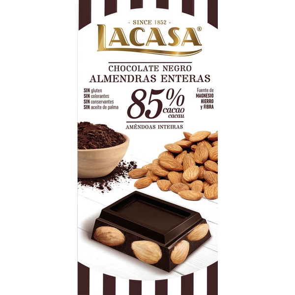 Chocolate Preto 85% Cacau com Amêndoas sem Glúten embalagem 200 g