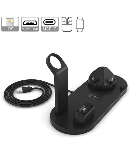 Imagen 0 de Base de carga 4 en 1, conexión lightning, micro USB y USB-C.