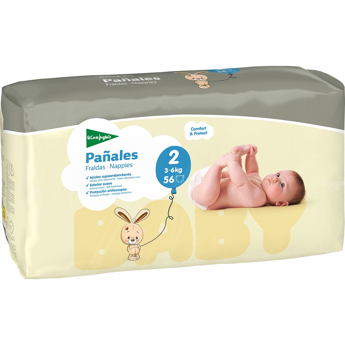 pañales unisex de 3 a 6 kg talla 2 elásticos y transpirables bolsa 56 unidades